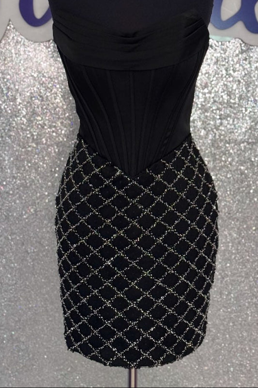 Strapless Corset Draped Bodice Beaded Grid Mini Dress