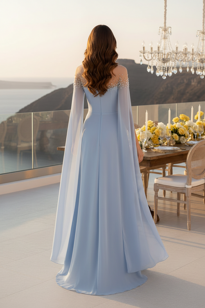 Pearl-Embellished Illusion Cape Evening Dress
