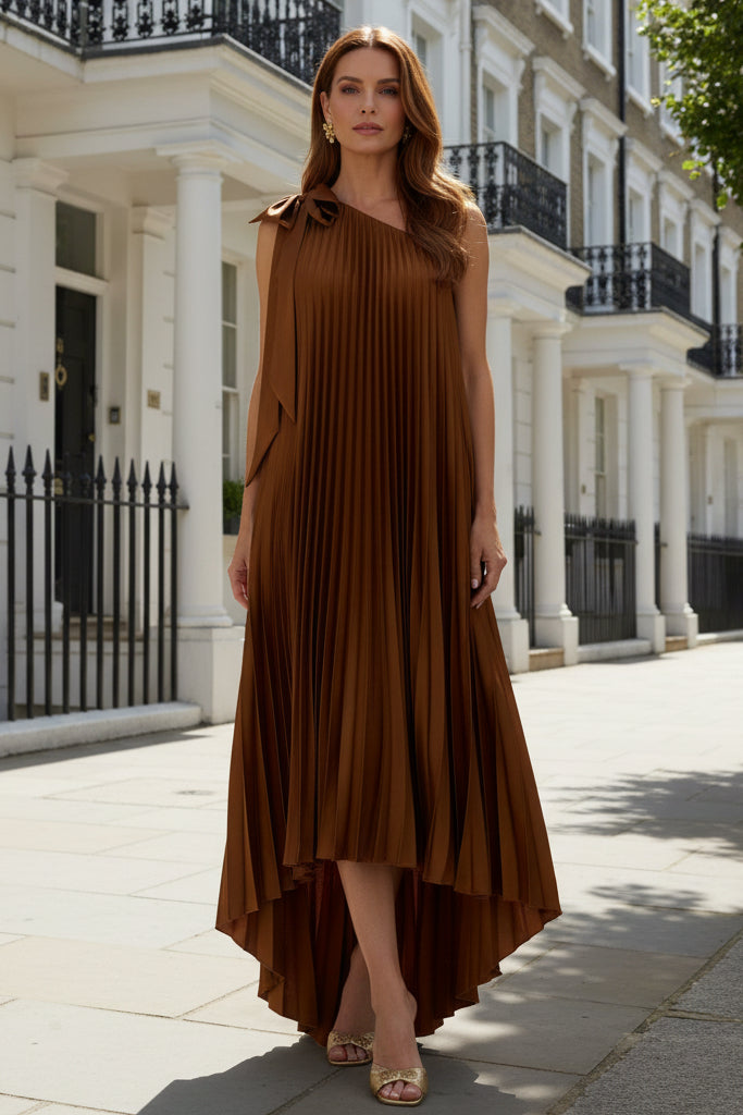 One Shoulder Pleated High-Low Satin Gown