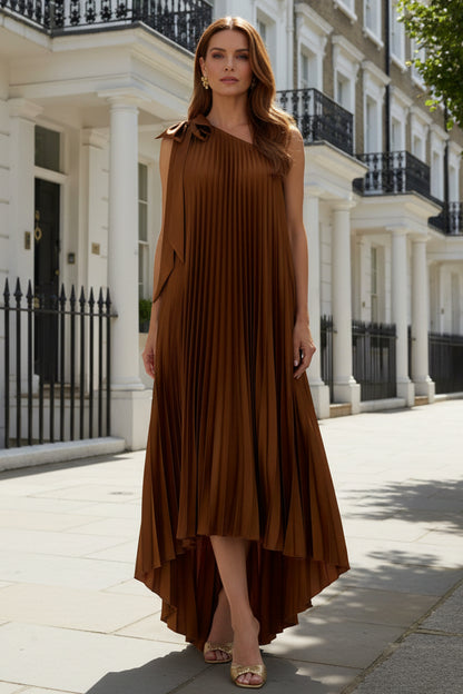One Shoulder Pleated High-Low Satin Gown
