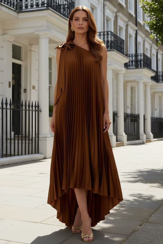 One Shoulder Pleated High-Low Satin Gown