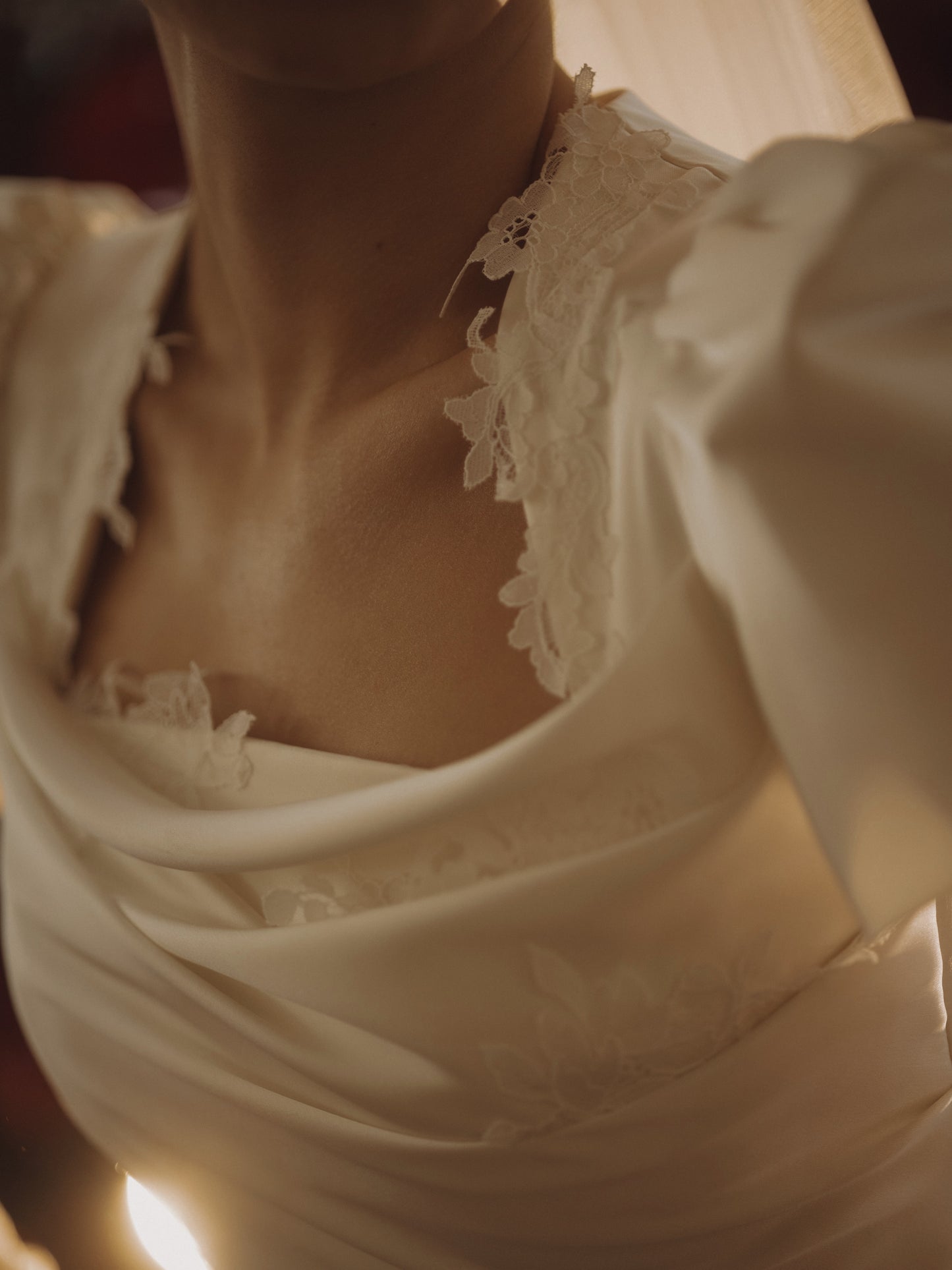 Draped Satin Wedding Dress with Lace Trims