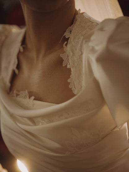 Draped Satin Wedding Dress with Lace Trims