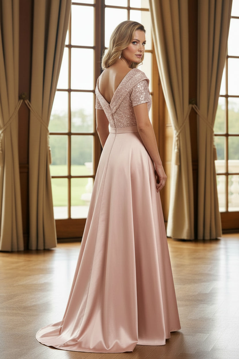Sequin V-Neck A-Line Gown with Satin Bow