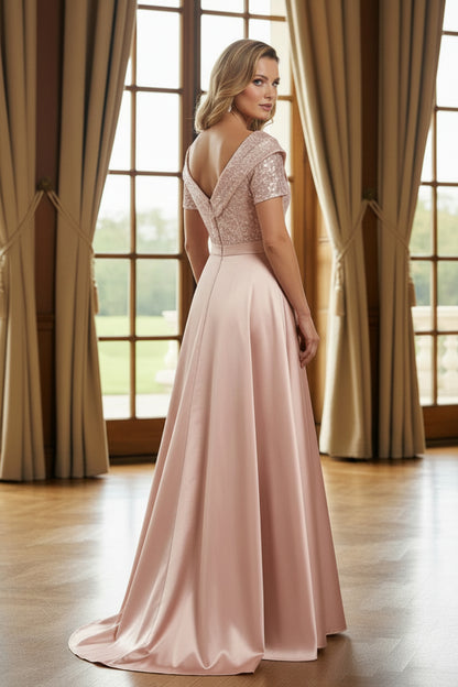 Sequin V-Neck A-Line Gown with Satin Bow