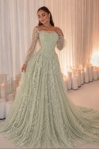Corset Evening Gown with Beaded Sleeves and Train