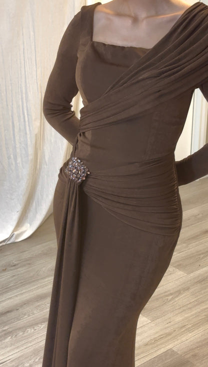 Draped Long Sleeve Formal Gown with Brooch