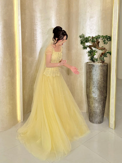 Corset Peplum Ball Gown with Cape