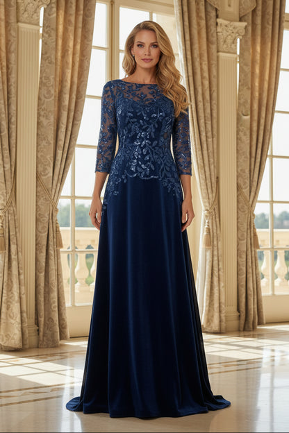 Sequin Leaf Illusion Bodice Velvet Evening Gown