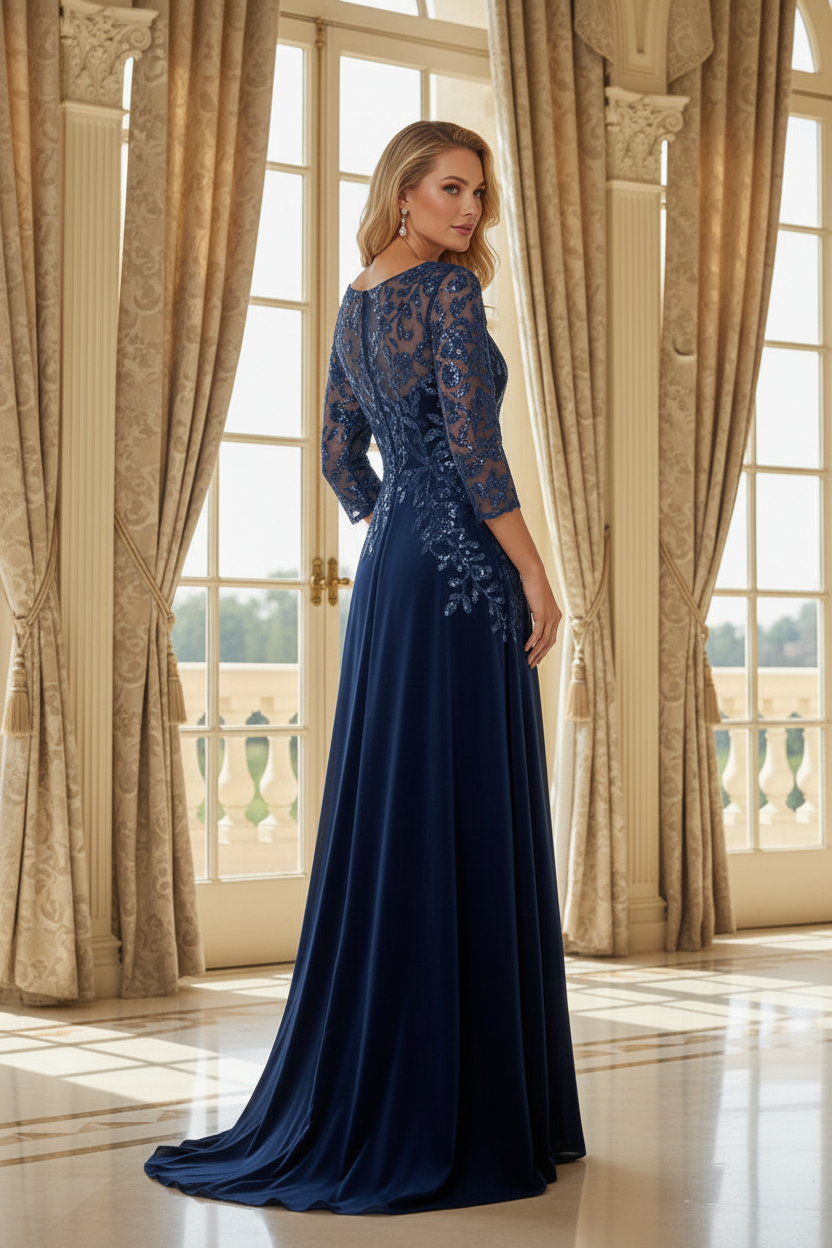 Sequin Leaf Illusion Bodice Velvet Evening Gown