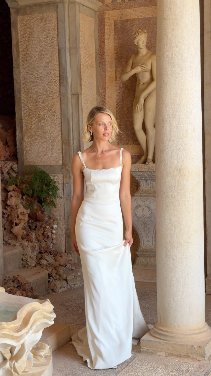 Square Neck Satin Wedding Dress with Pearl Trim