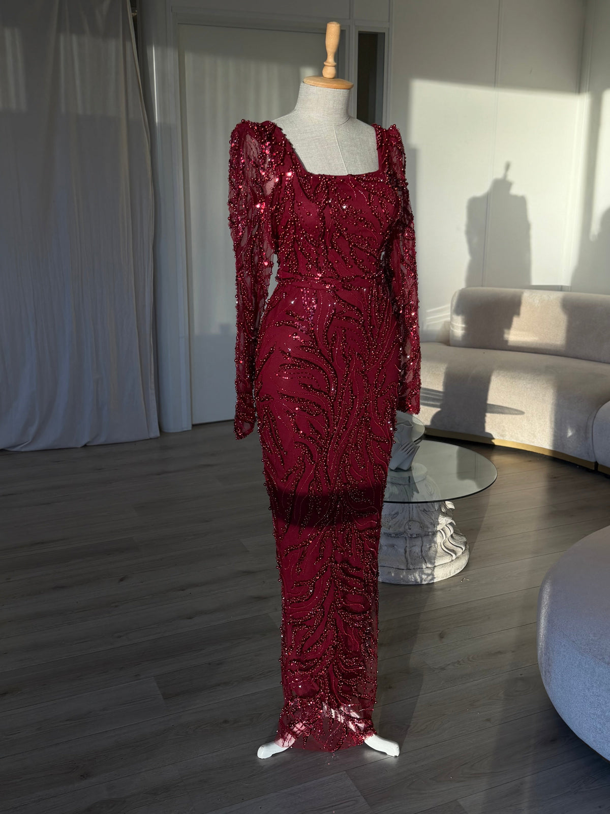 Sequin Swirl Long Sleeve Square Neck Maxi Dress