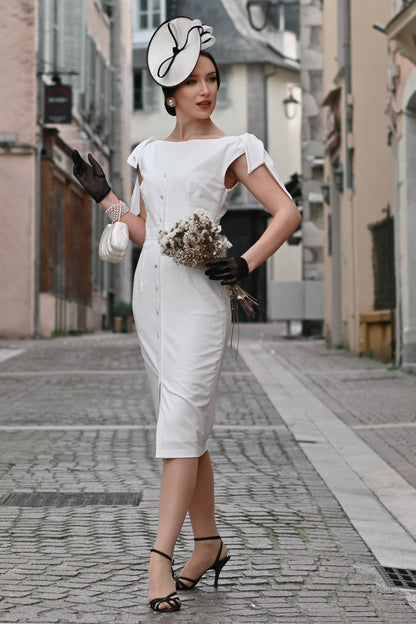 Button-Front Midi Sheath Dress with Tied Sleeves