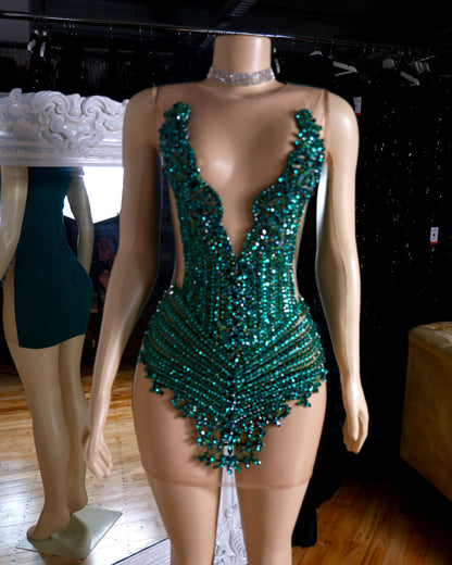 Plunging Illusion Beaded Bodycon Mini Dress