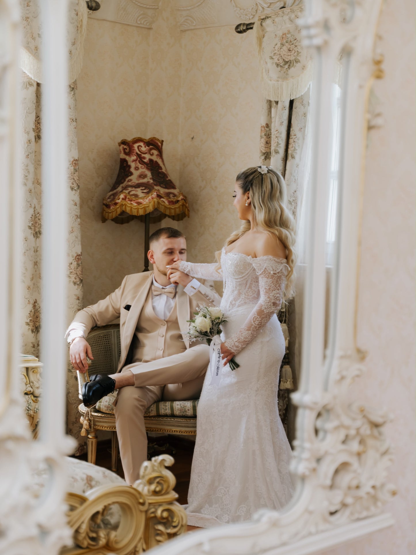 Off-the-Shoulder Lace Wedding Gown with Corset Bodice