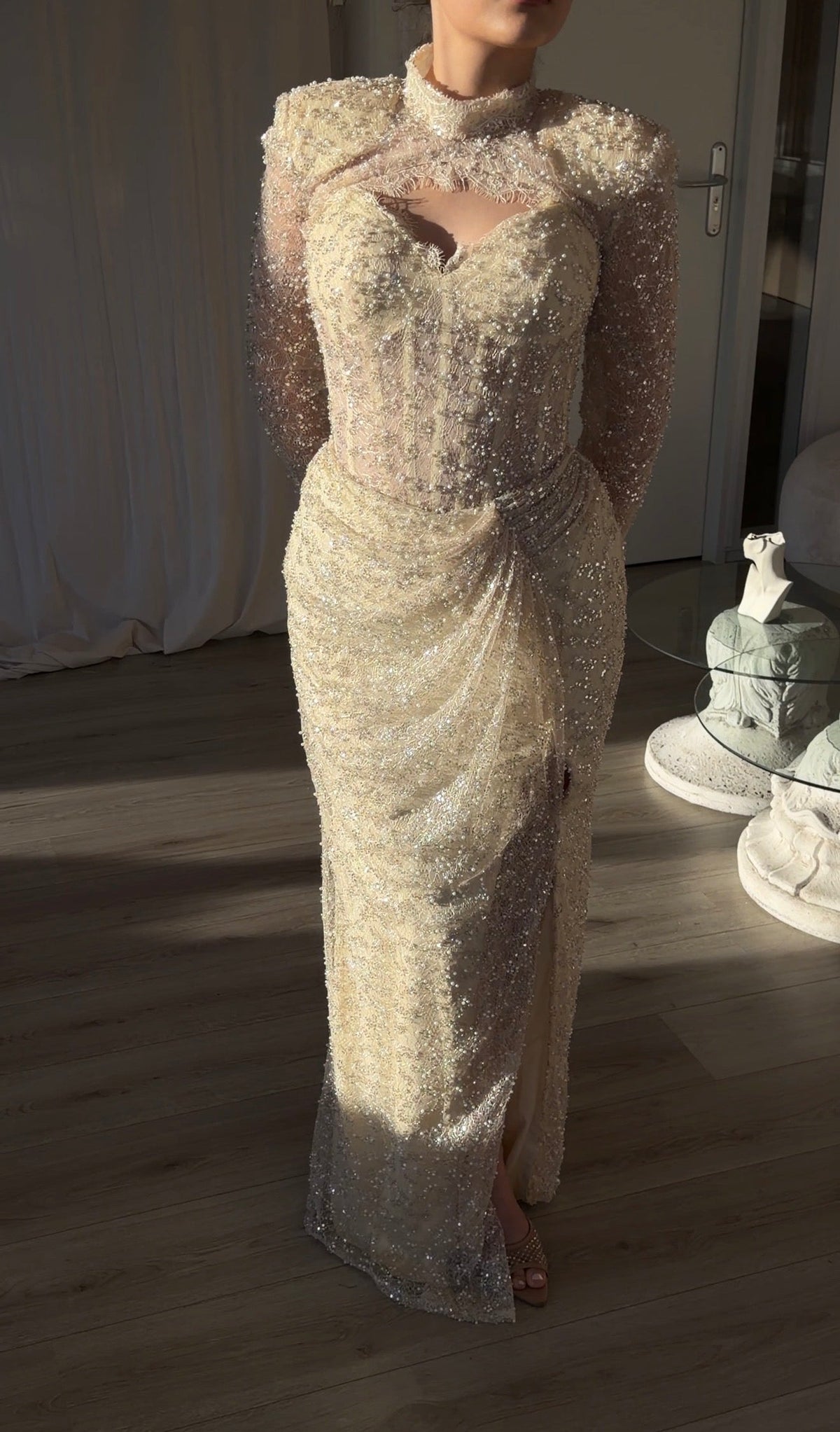 Beaded Cutout High Neck Long Sleeve Evening Gown