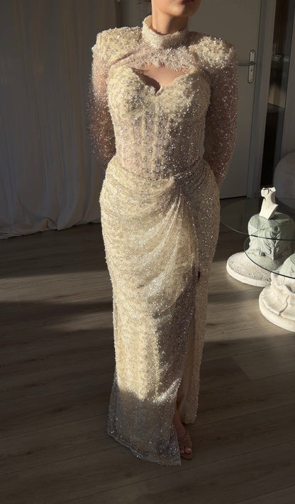 Beaded Cutout High Neck Long Sleeve Evening Gown