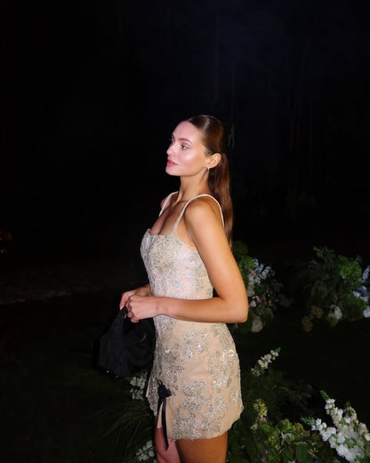 Beaded Lace Square Neck Cocktail Mini Dress