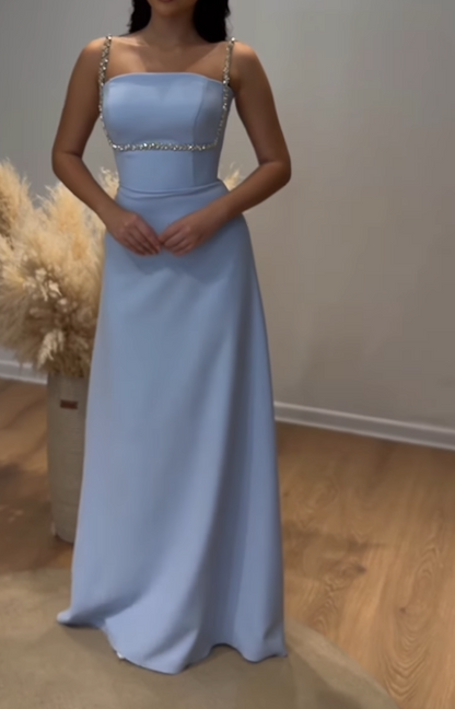 Rhinestone Trim Straight Neck Maxi Dress