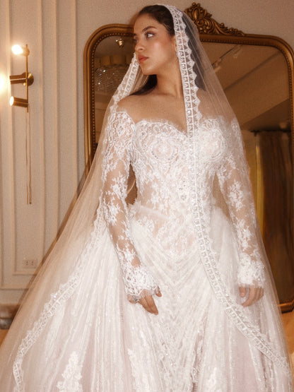 Off-the-Shoulder Beaded Lace Ball Gown Wedding Dress