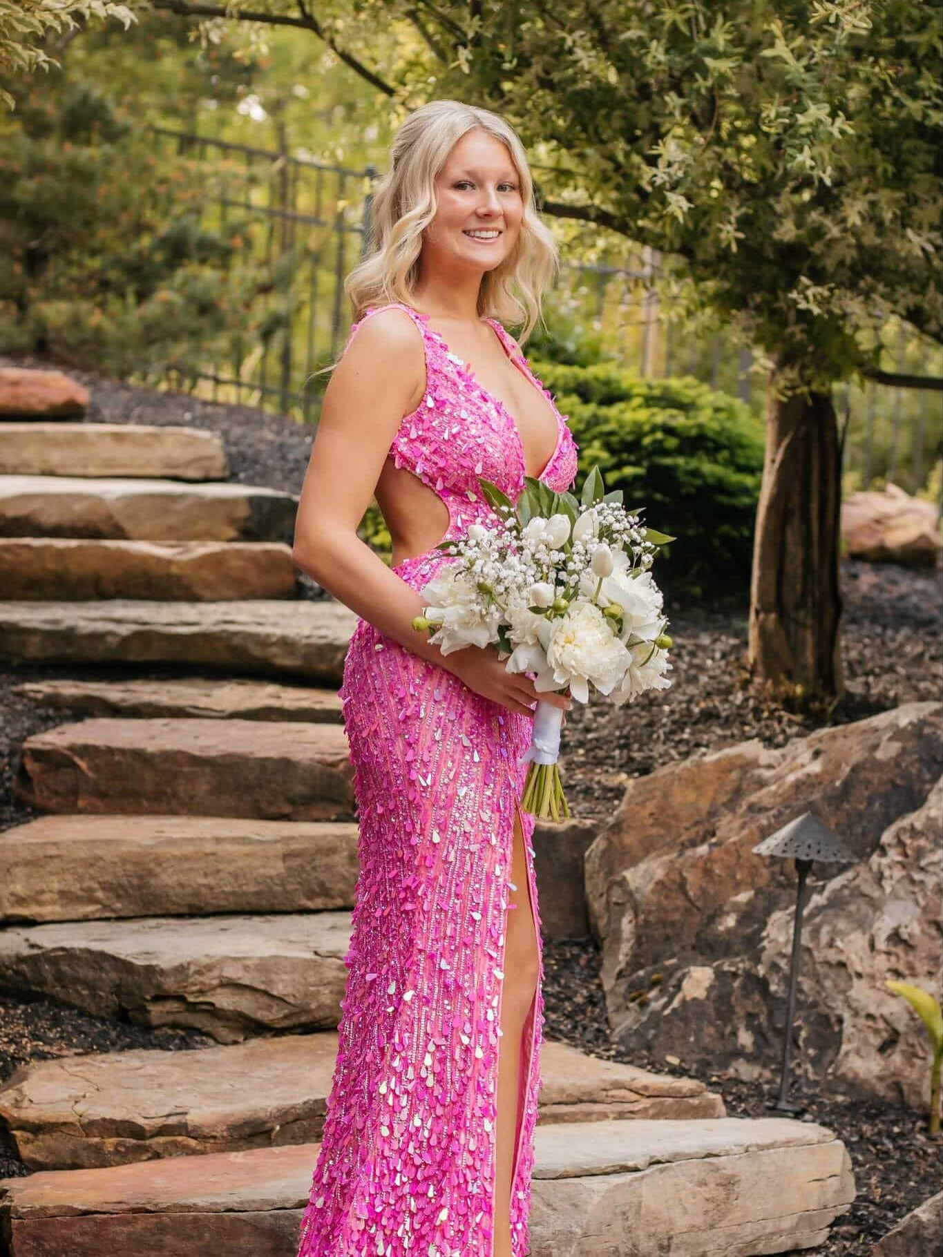 Sequin Open Back High Slit Evening Gown