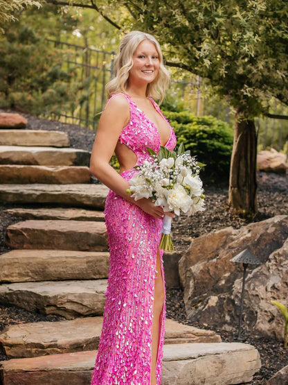 Sequin Open Back High Slit Evening Gown