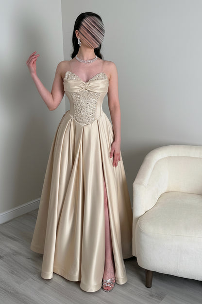 Beaded Corset Bodice Satin Gown with High Slit