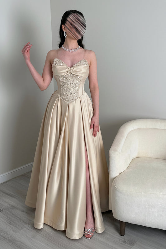 Beaded Corset Bodice Satin Gown with High Slit