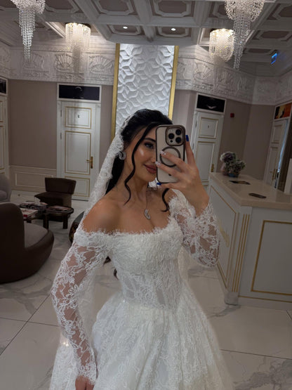 Off-the-Shoulder Lace Long Sleeve Ball Gown Wedding Dress