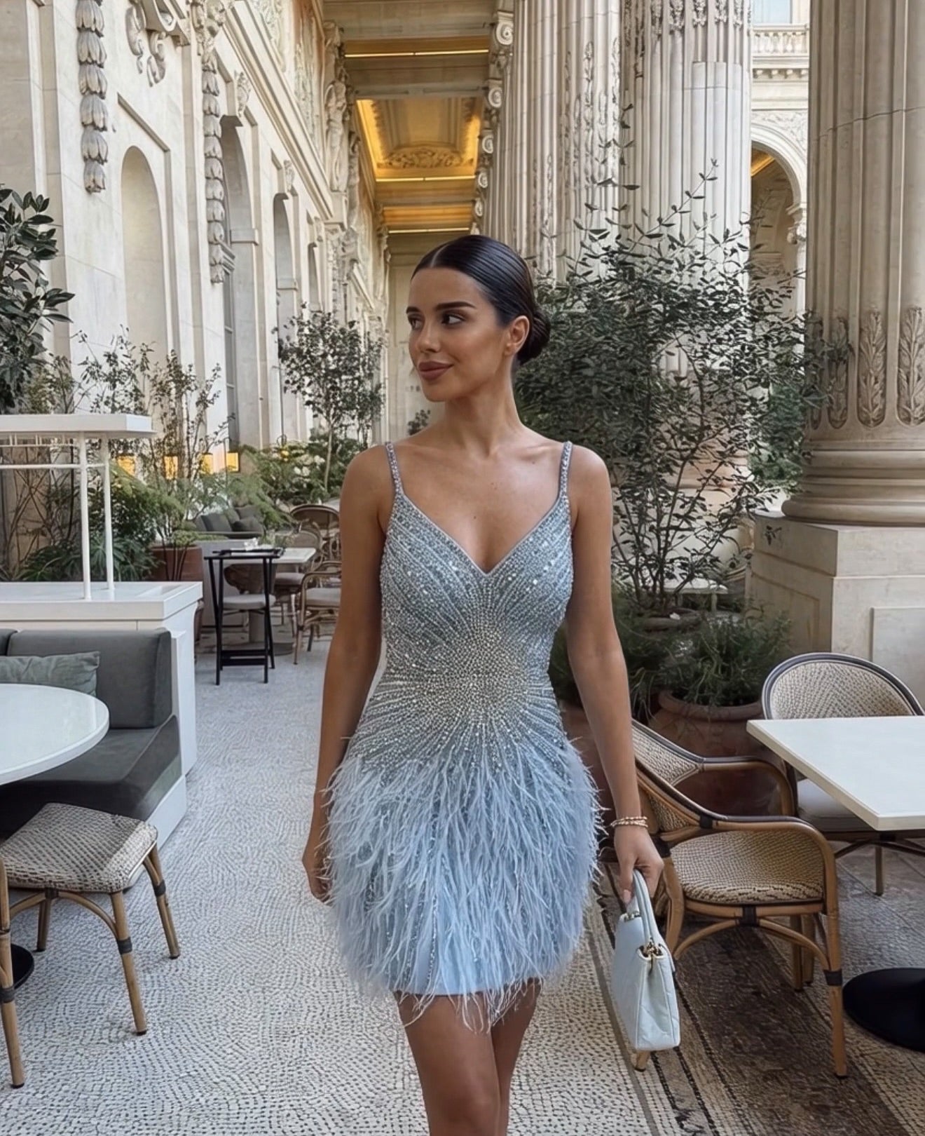 Sequin Beaded Mini Dress with Feather Skirt