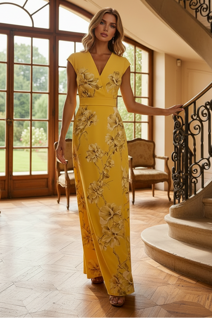 Elegant Floral Print V-Neck Maxi Dress