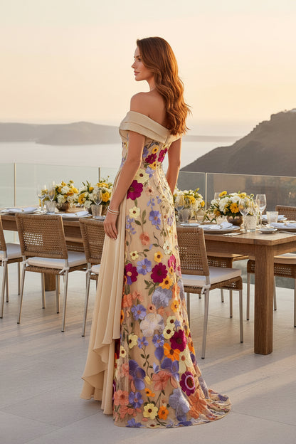 Off-Shoulder Floral Applique Gown with Side Drape