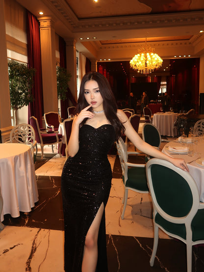 Strapless Sweetheart Sequin Maxi Gown with High Slit