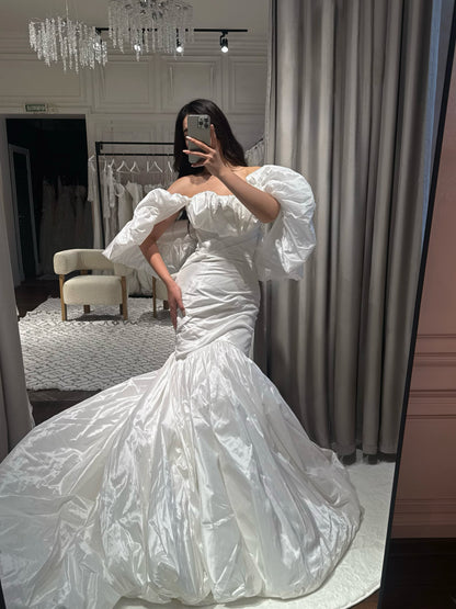 Ruched Mermaid Wedding Dress with Puff Sleeves