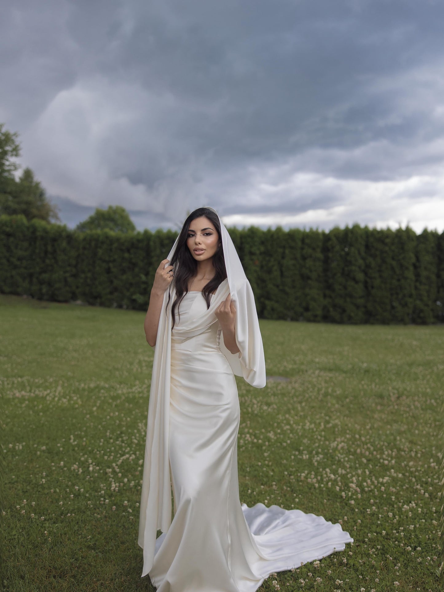 One-Shoulder Satin Wedding Dress with Hooded Shawl