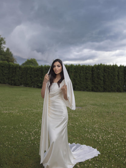 One-Shoulder Satin Wedding Dress with Hooded Shawl