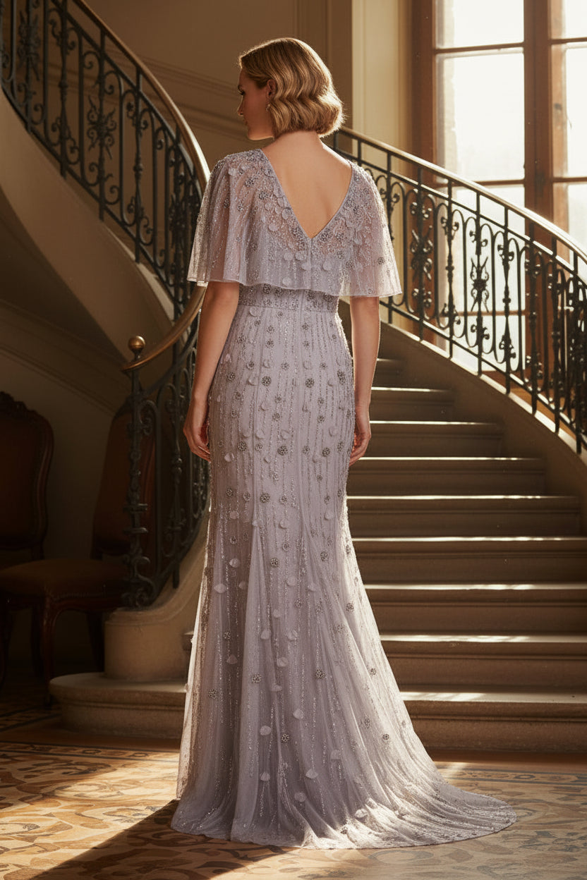 Beaded Evening Gown with Flutter Capelet