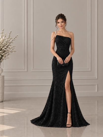 One-Shoulder Lace Gown with Pearl Strap & Slit