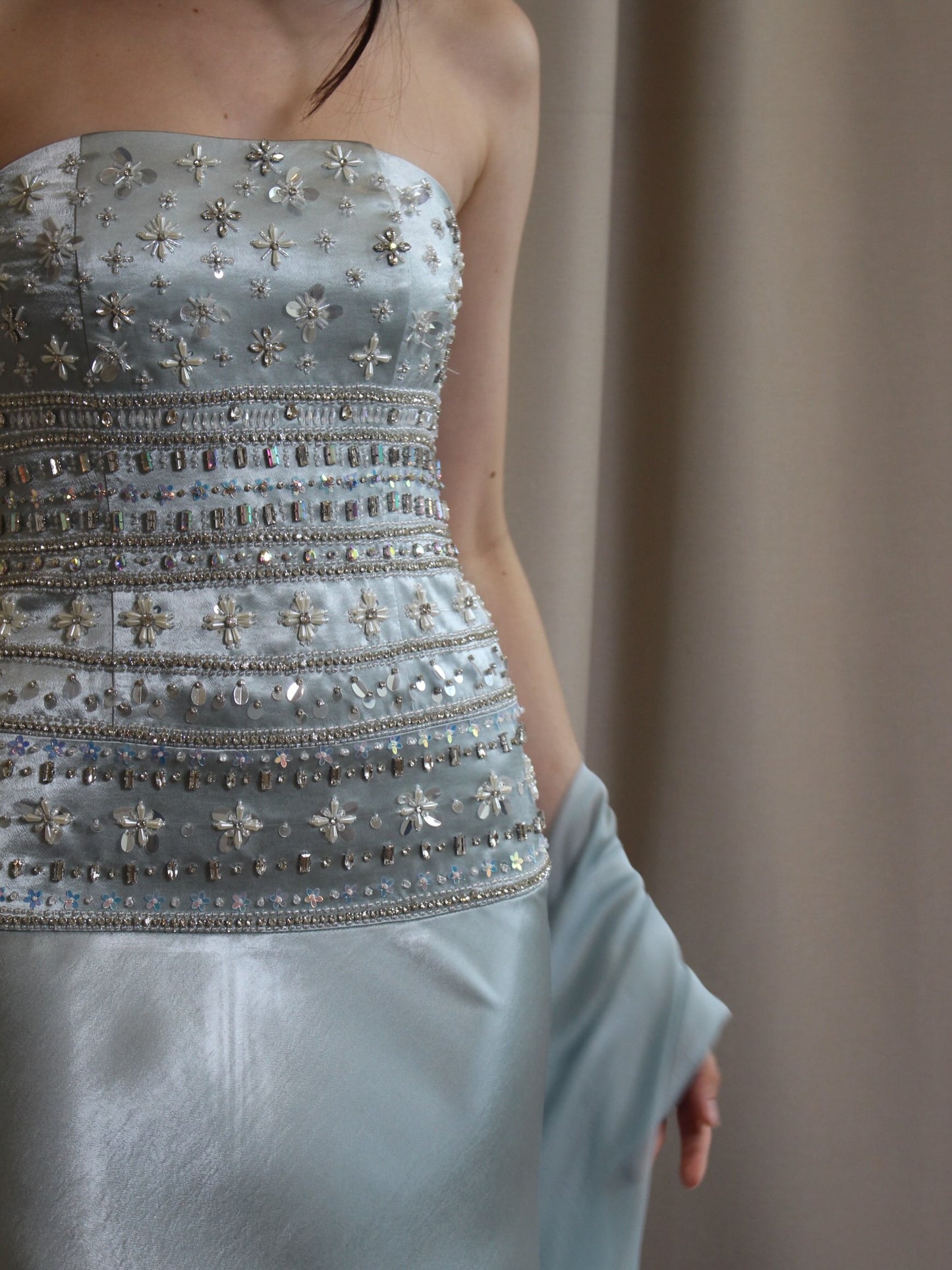 Strapless Beaded Bodice Satin Gown with Chiffon Streamers