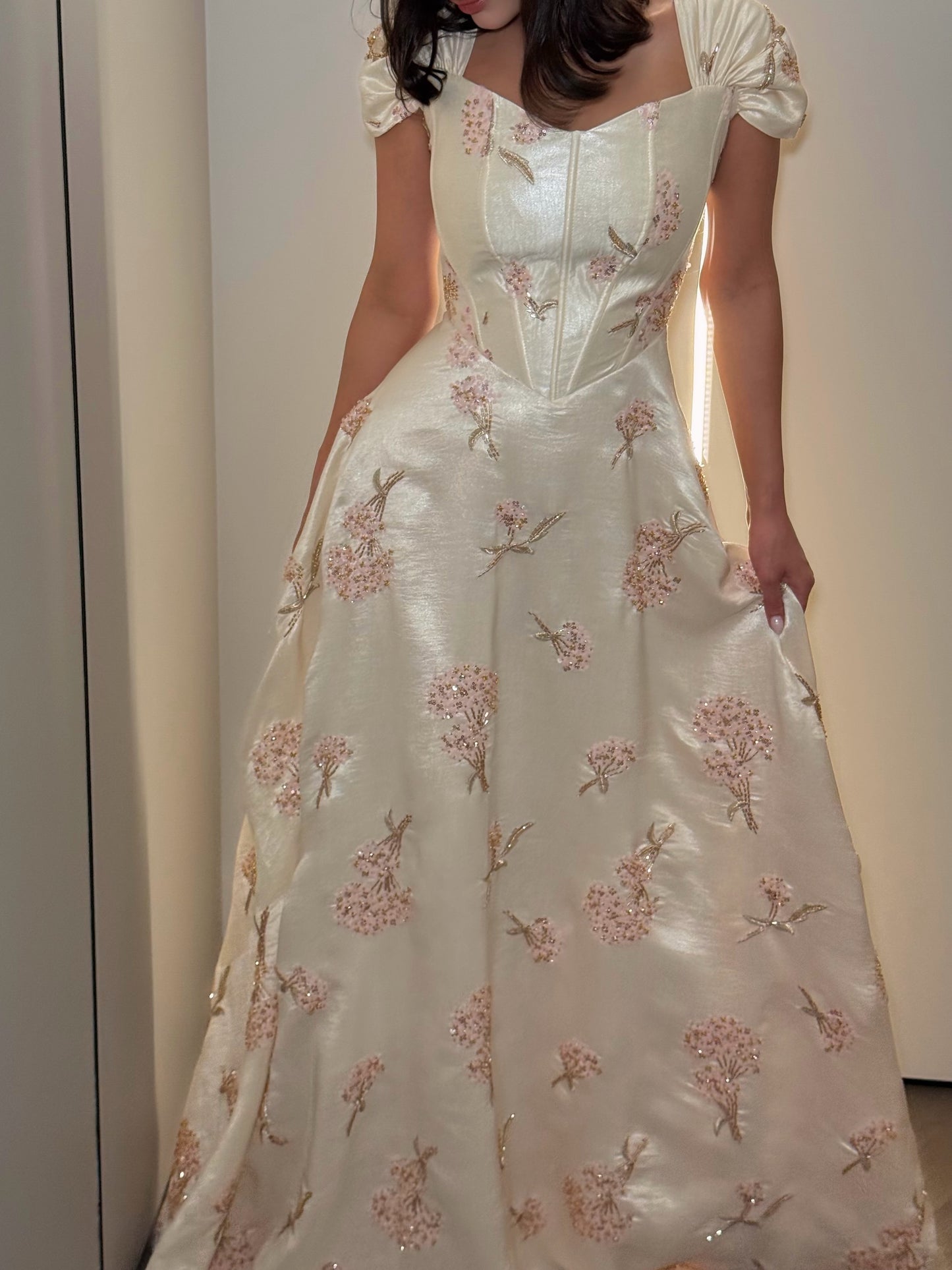 Embroidered Corset Gown with Cap Sleeves