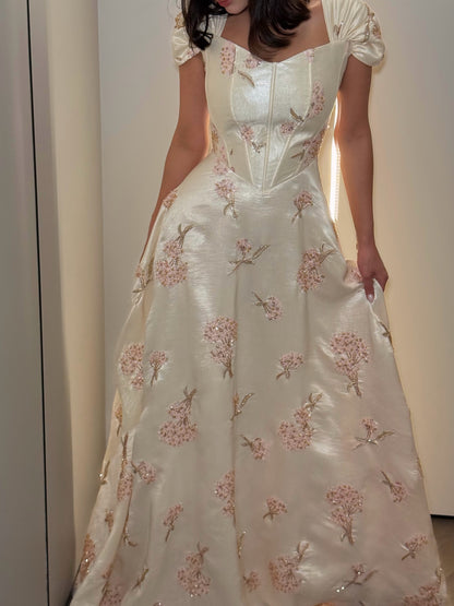 Embroidered Corset Gown with Cap Sleeves