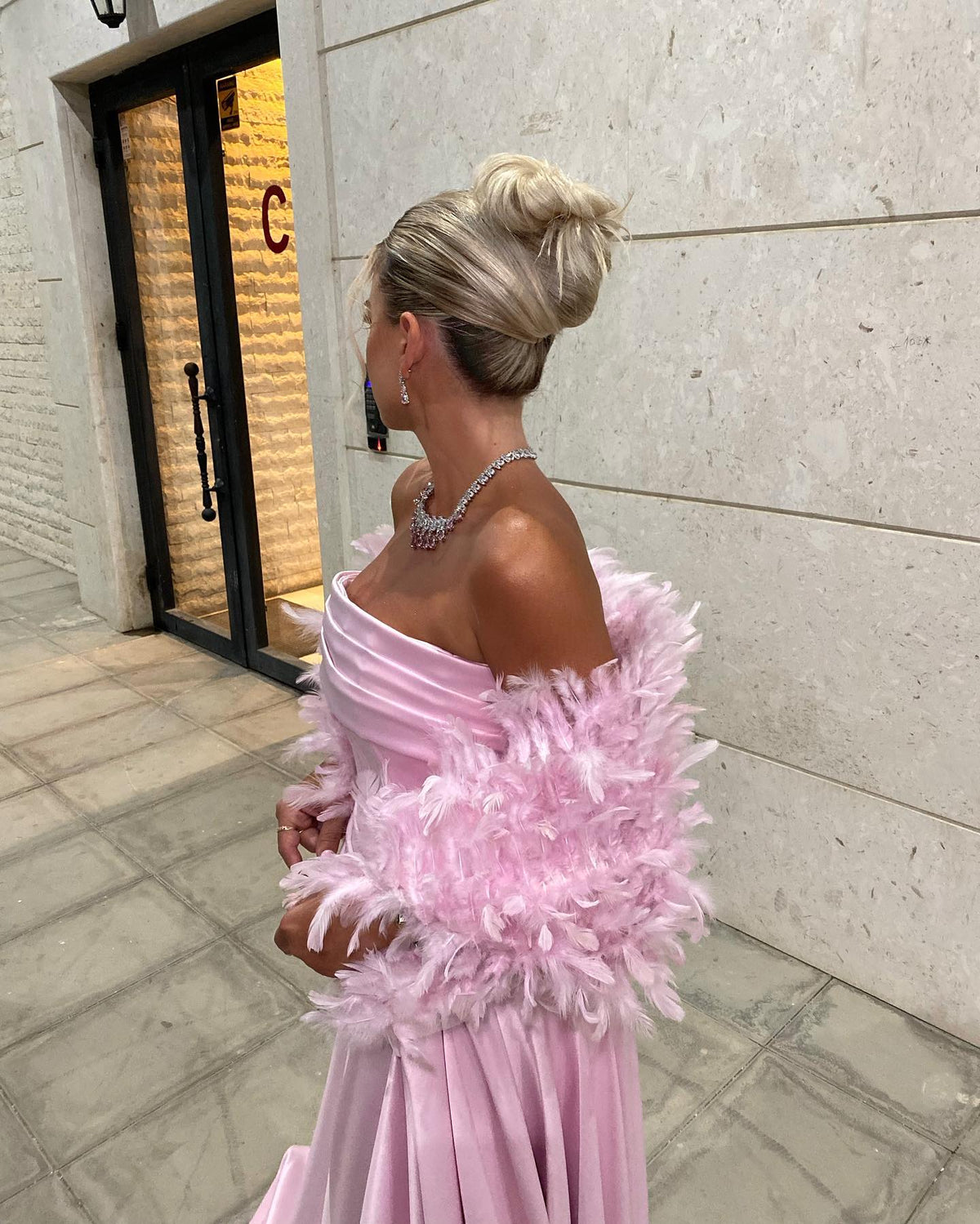 Strapless Corset Satin Gown with Feather Shawl