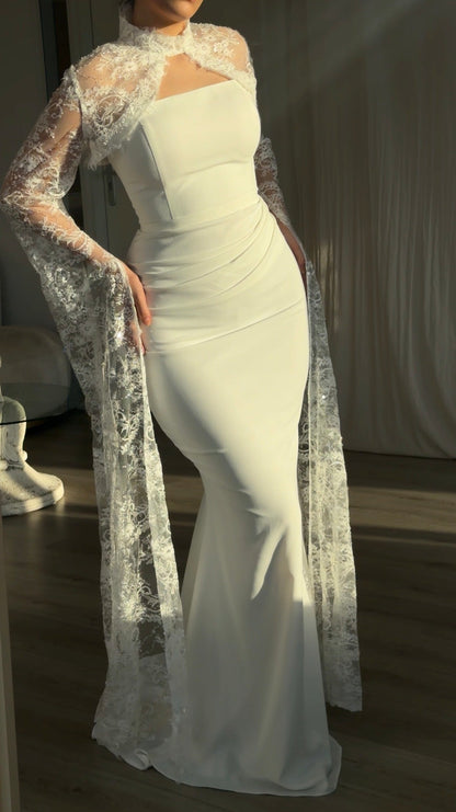 Ruched Column Gown with Sheer Lace Cape