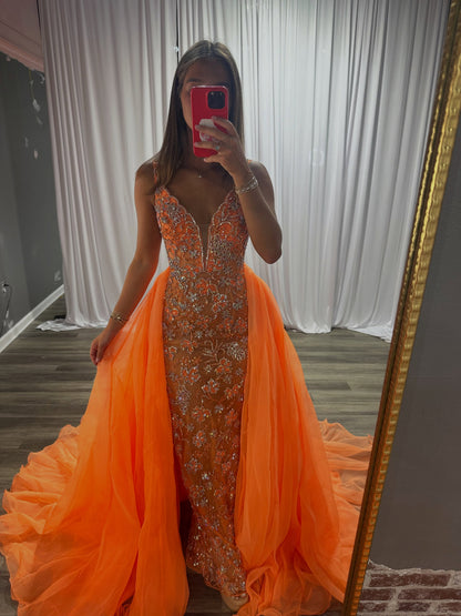 Sequin Sheath Evening Gown with Dramatic Overskirt