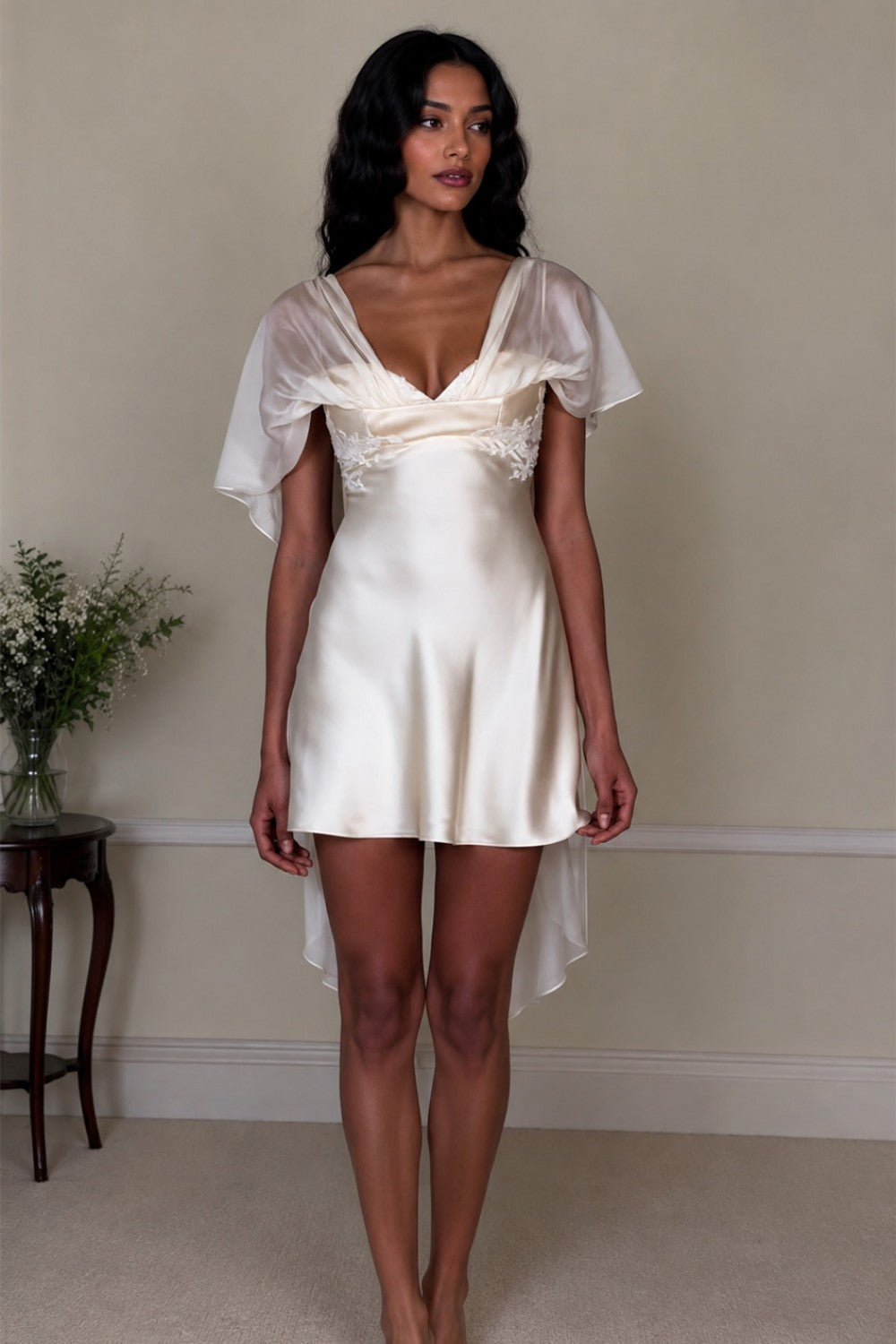 Satin Slip Mini Dress with Sheer Cape Sleeves