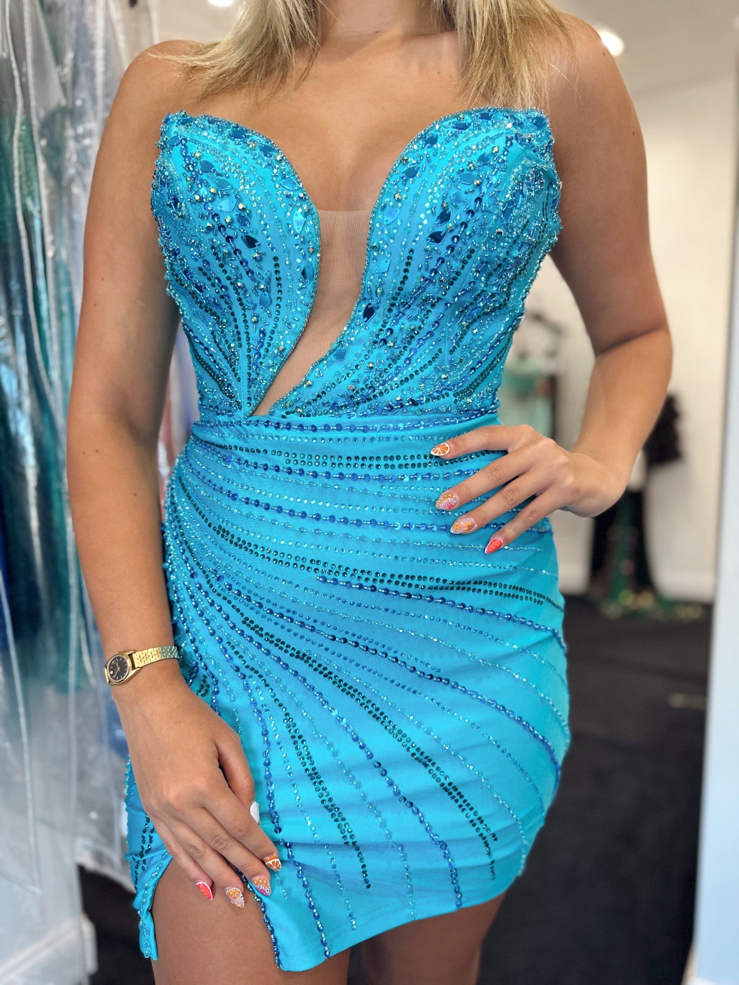 Strapless Plunging Beaded Homecoming Mini Dress