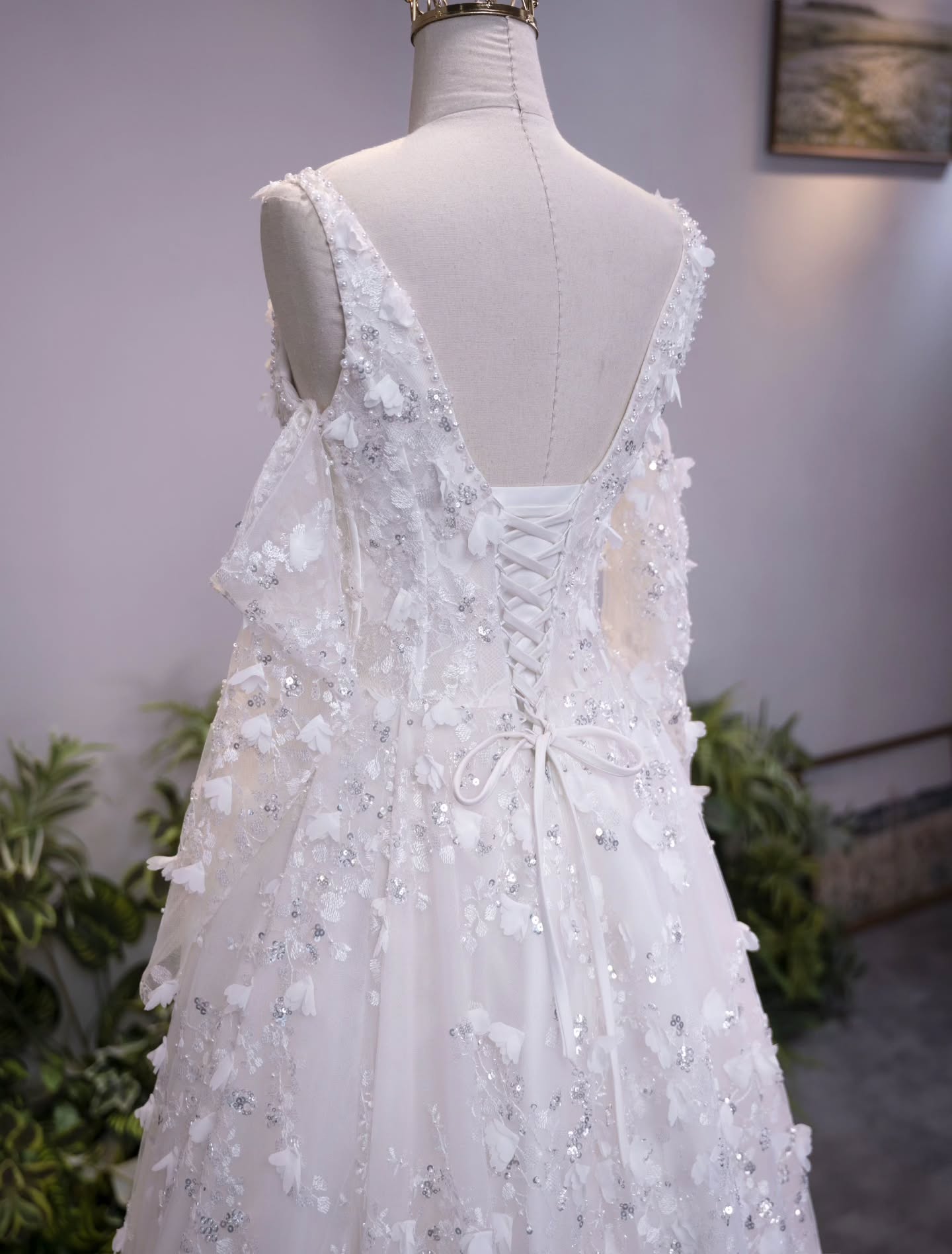 3D Floral Applique A-Line Wedding Gown