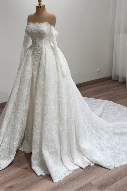 Lace Off-Shoulder Wedding Dress with Overskirt