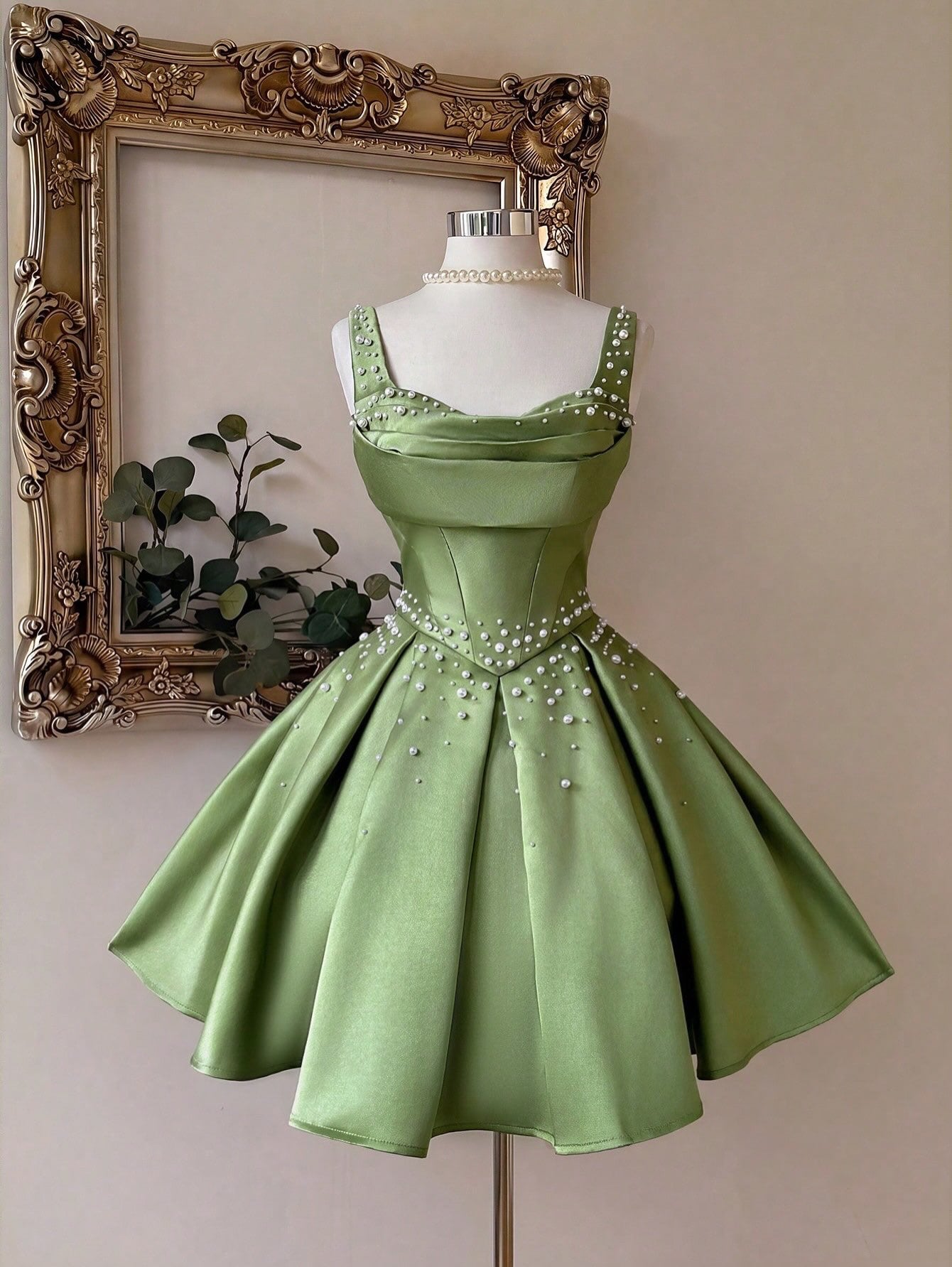 Pearl-Embellished Satin A-Line Mini Dress