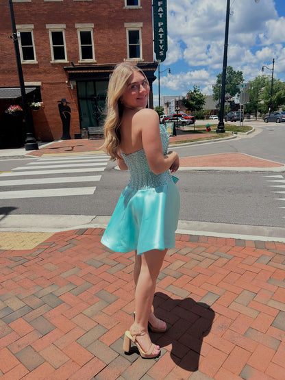 Strapless Pearl-Beaded Corset Mini Dress with Bow